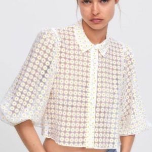 Zara Daisy Print Sheer Organza Button Down Top w Puff Sleeves 90’s Cropped